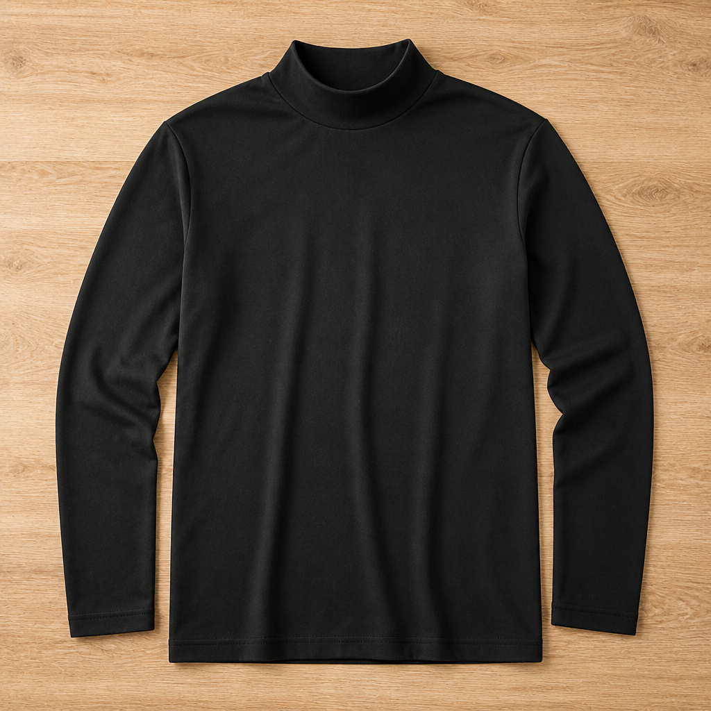 Zwart shirt met lange mouwen en hoge kraag, van voren plat neergelegd op een houten ondergrond. 10