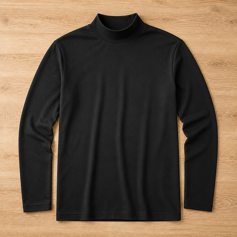 Zwart shirt met lange mouwen en hoge kraag, van voren plat neergelegd op een houten ondergrond. 10