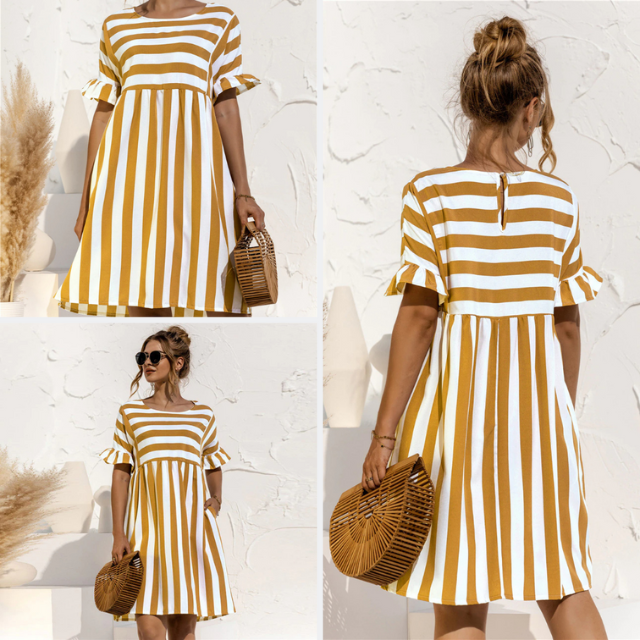 Sommer Schwangerschaft Lockeres gestreiftes Strandkleid mit Rüschenärmeln | Mini-Sommerkleid
