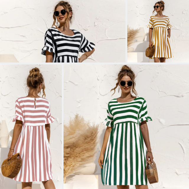 Sommer Schwangerschaft Lockeres gestreiftes Strandkleid mit Rüschenärmeln | Mini-Sommerkleid