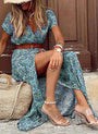 Sommer V-Ausschnitt Kurzarm Boho Maxikleid