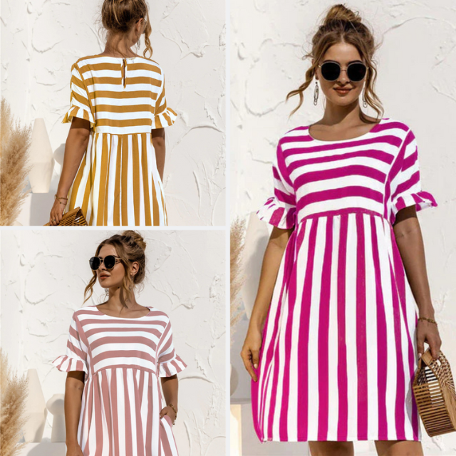 Sommer Schwangerschaft Lockeres gestreiftes Strandkleid mit Rüschenärmeln | Mini-Sommerkleid