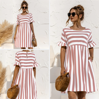 Sommer Schwangerschaft Lockeres gestreiftes Strandkleid mit Rüschenärmeln | Mini-Sommerkleid