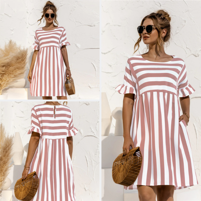 Sommer Schwangerschaft Lockeres gestreiftes Strandkleid mit Rüschenärmeln | Mini-Sommerkleid