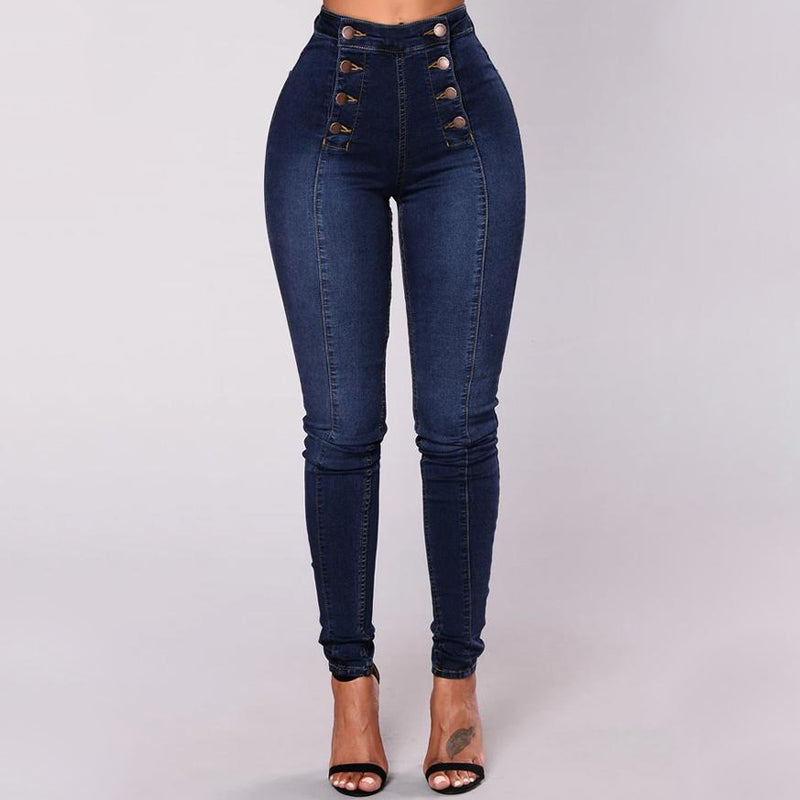 Double-breasted skinny jeans met hoge taille