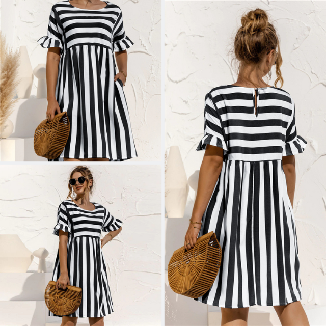 Sommer Schwangerschaft Lockeres gestreiftes Strandkleid mit Rüschenärmeln | Mini-Sommerkleid