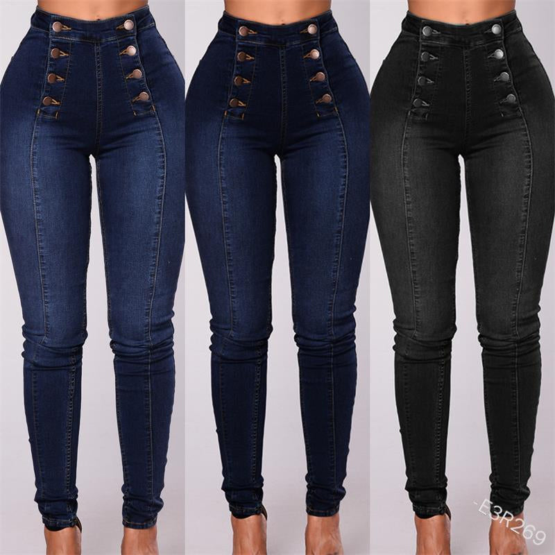 Double-breasted skinny jeans met hoge taille