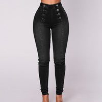 Double-breasted skinny jeans met hoge taille