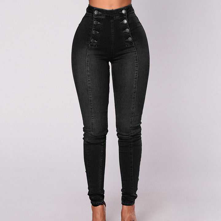 Double-breasted skinny jeans met hoge taille