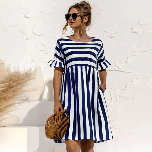 Sommer Schwangerschaft Lockeres gestreiftes Strandkleid mit Rüschenärmeln | Mini-Sommerkleid