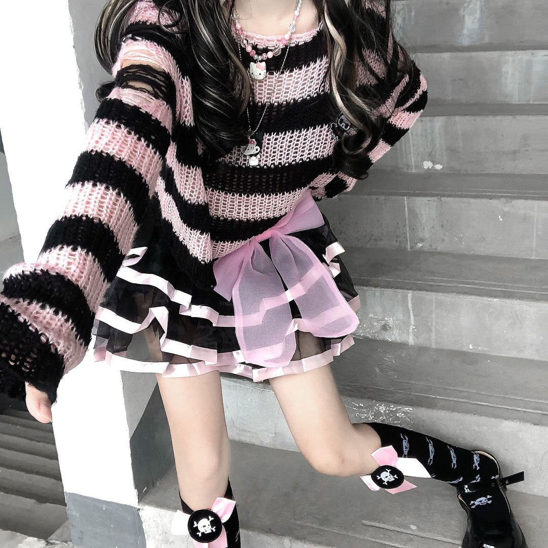 Karrram Pink Striped Gothic Sweaters