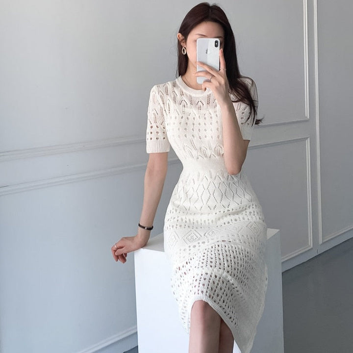 Stilvolles Eis-Seide Strick-Sommer-Casual A-Linien Kleid | Damenmode