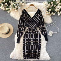 Elegante Geometrische Gebreide Bodycon Jurk | Lange Mouwen Trui Jurk