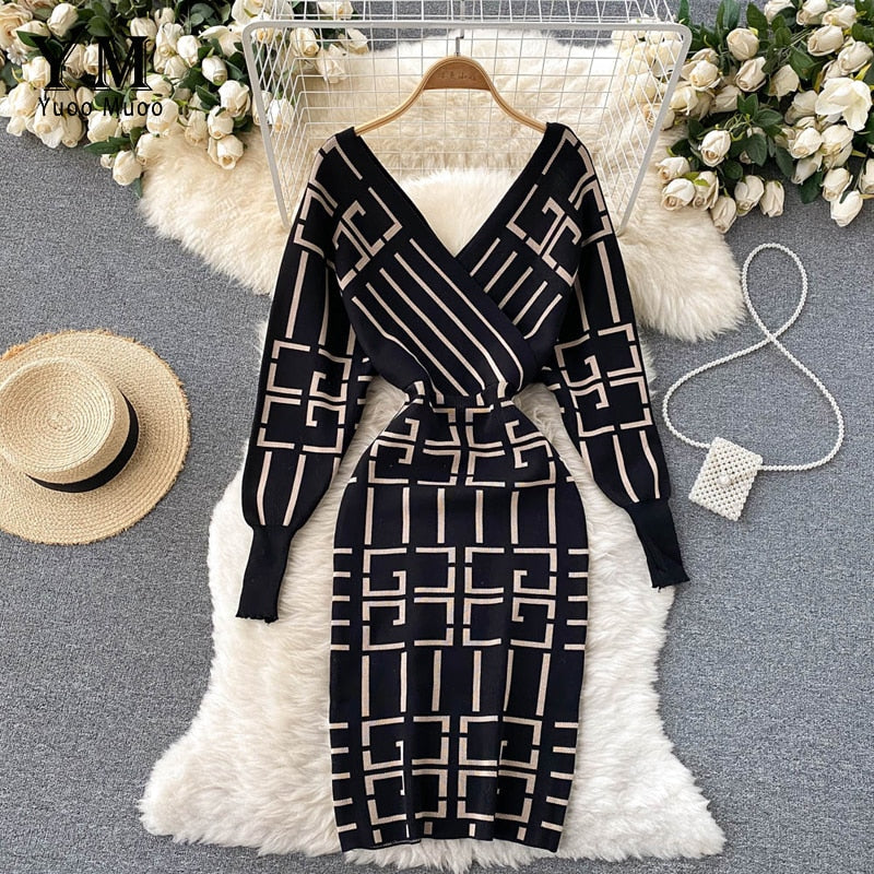 Elegante Geometrische Gebreide Bodycon Jurk | Lange Mouwen Trui Jurk