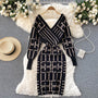 Elegantes geometrisches gestricktes Bodycon-Kleid | Langarm-Pulloverkleid