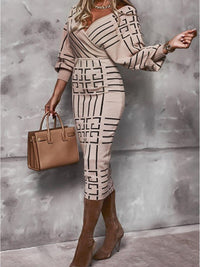 Elegante Midi Jurk met V-Hals en Lange Mouwen | Vintage Patchwork Slim Fit Sheath