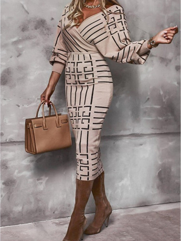 Elegante Midi Jurk met V-Hals en Lange Mouwen | Vintage Patchwork Slim Fit Sheath