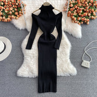 Schlanke Passform Elegantes Urbanes Langarm Strickkleid | Schulterfrei Knielang
