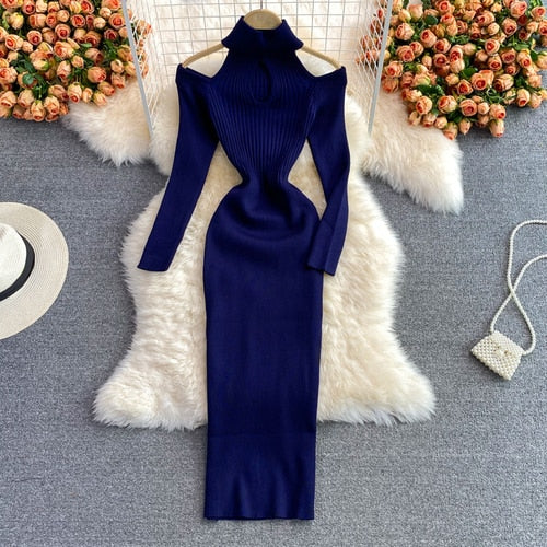 Schlanke Passform Elegantes Urbanes Langarm Strickkleid | Schulterfrei Knielang