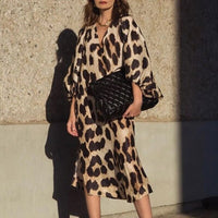 Classic V-Neck 3/4 Sleeve Leopard Print Party Dress | Elegant & Breathable