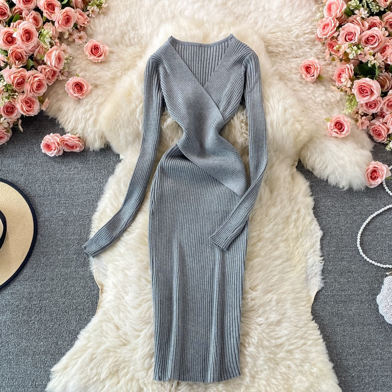 Elegantes Sommergestricktes Bodycon-Kleid | Kurzarm-Pullover-Maxikleid