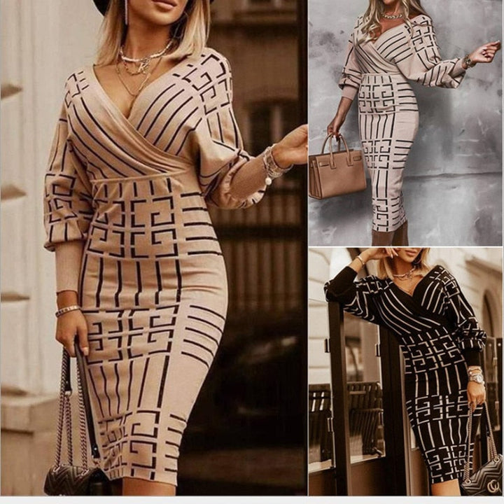 Elegante Midi Jurk met V-Hals en Lange Mouwen | Vintage Patchwork Slim Fit Sheath