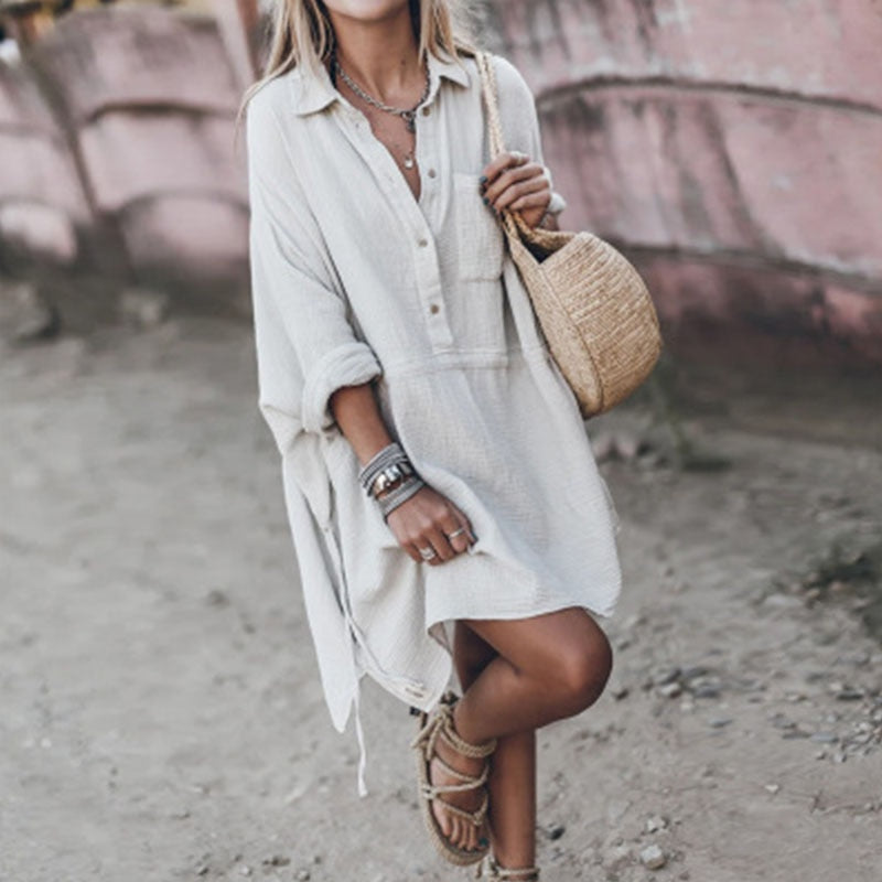 Baumwoll Oversized Lässiges langes Hemdblusenkleid für Frauen | Frühling Trendige Strandmode
