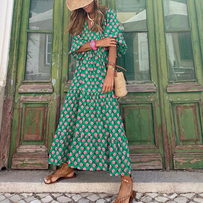 Boho Puffärmel V-Ausschnitt Langes Sommerkleid | Blumenmuster | Lässige Strandkleidung