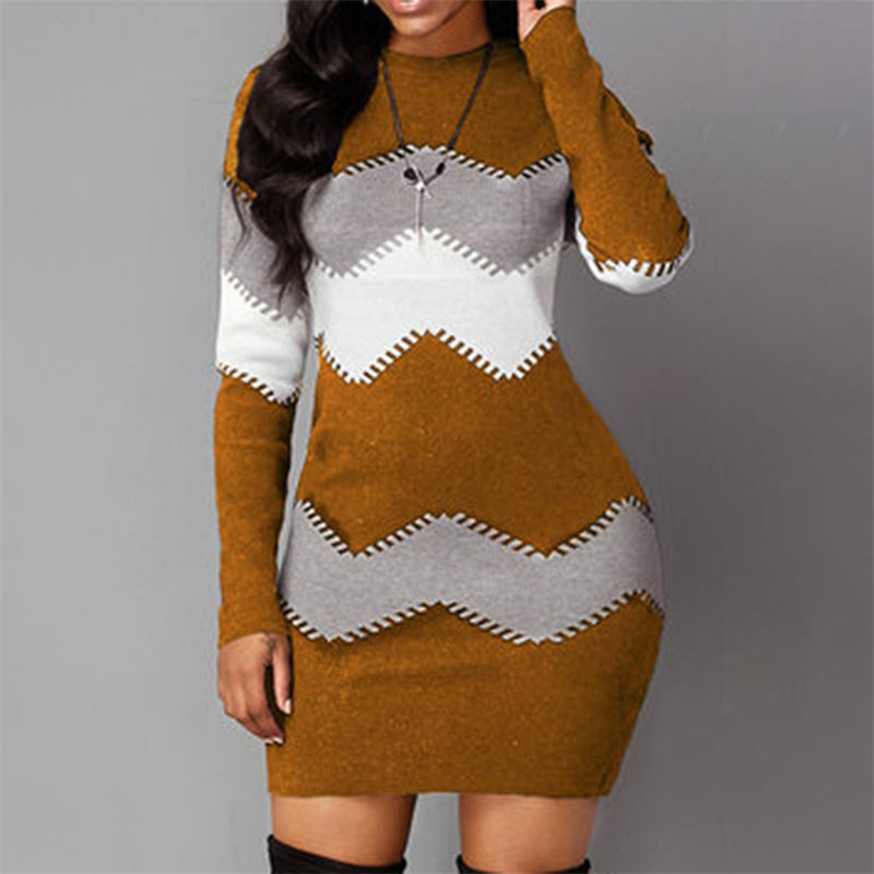 Elegantes gestricktes Bodycon-Kleid für den Frühling | Lange Ärmel O-Ausschnitt Enganliegende Passform