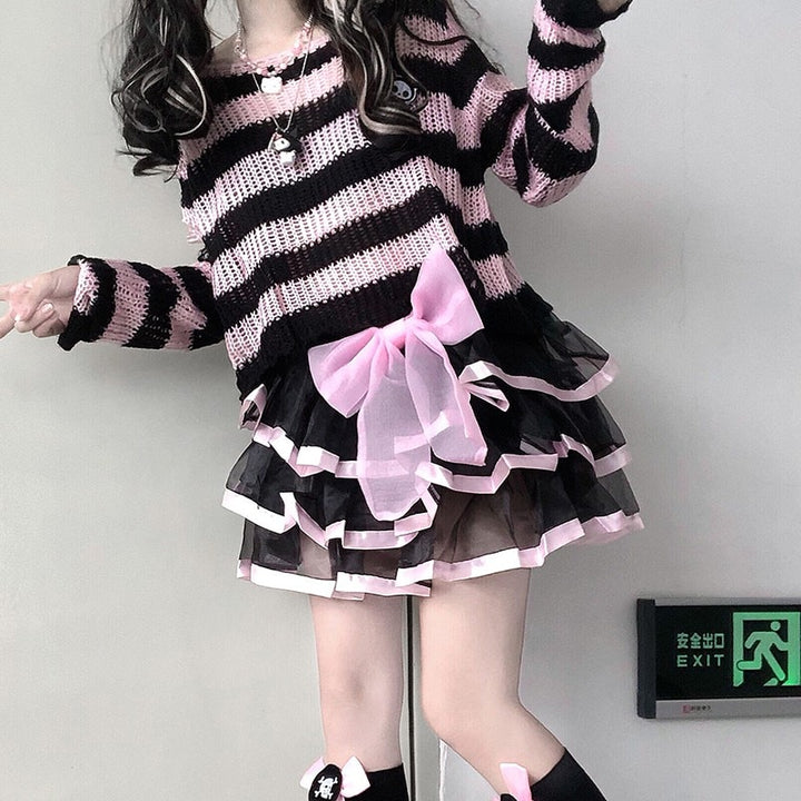Karrram Pink Striped Gothic Sweaters