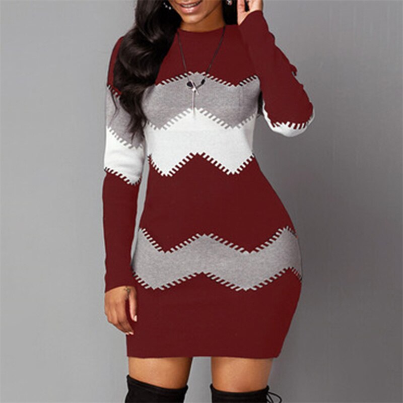 Elegantes gestricktes Bodycon-Kleid für den Frühling | Lange Ärmel O-Ausschnitt Enganliegende Passform