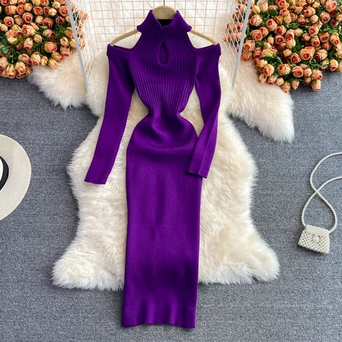 Schlanke Passform Elegantes Urbanes Langarm Strickkleid | Schulterfrei Knielang