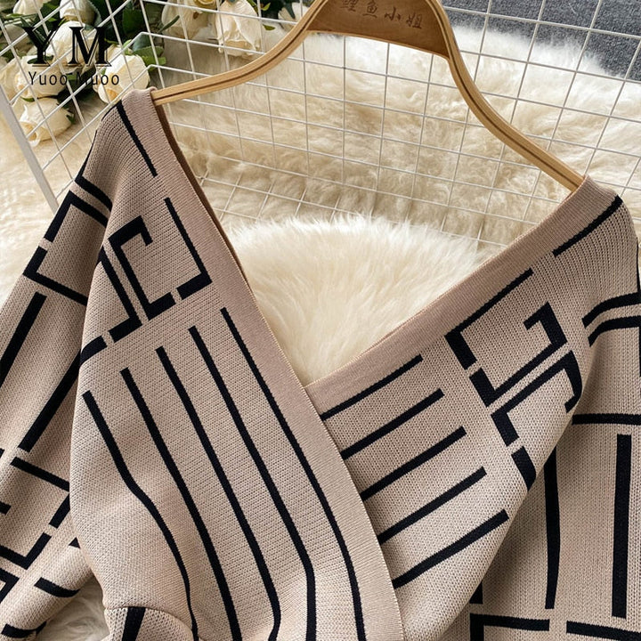 Elegante Geometrische Gebreide Bodycon Jurk | Lange Mouwen Trui Jurk