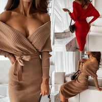 Slim Fit Knitted Dress & Lace Long Sleeves | Lace-up Sweater Skirt