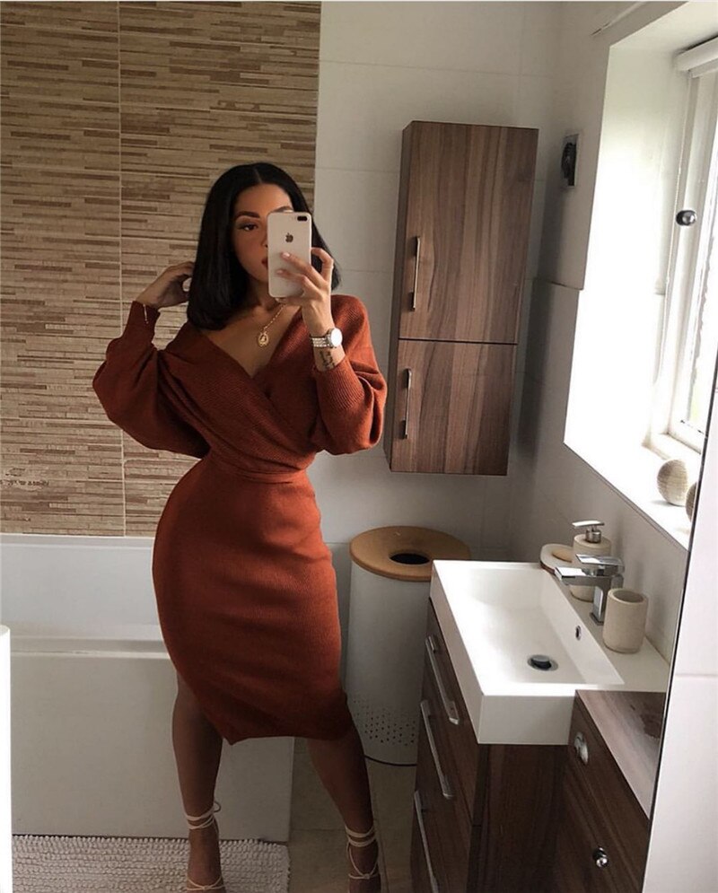 Elegante Designer V-Hals Lange Mouw | Hoge Taille Kokerjurk