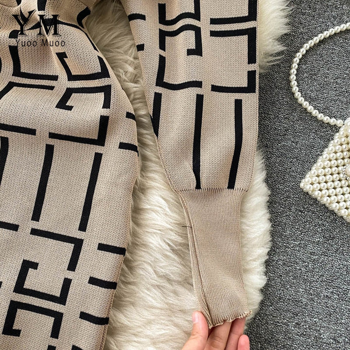 Elegante Geometrische Gebreide Bodycon Jurk | Lange Mouwen Trui Jurk
