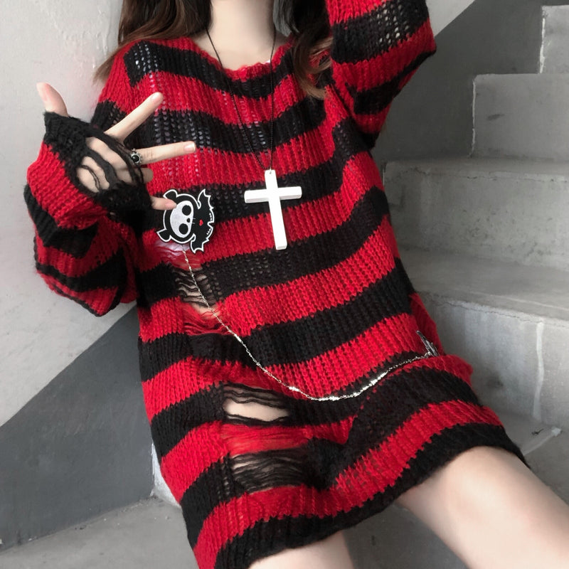 Karrram Pink Striped Gothic Sweaters