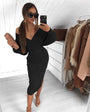 Eleganter Designer V-Ausschnitt Langarm | Hoch tailliertes Bleistiftkleid