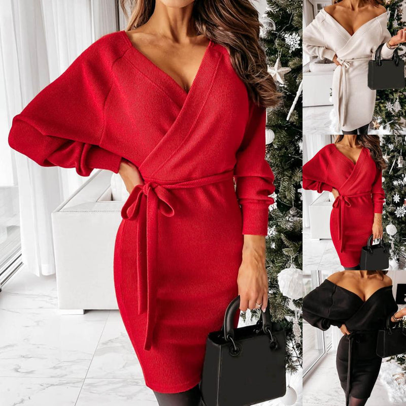 Gestricktes Langarm-Pulloverkleid | Kurzes Kleid mit Gürtel