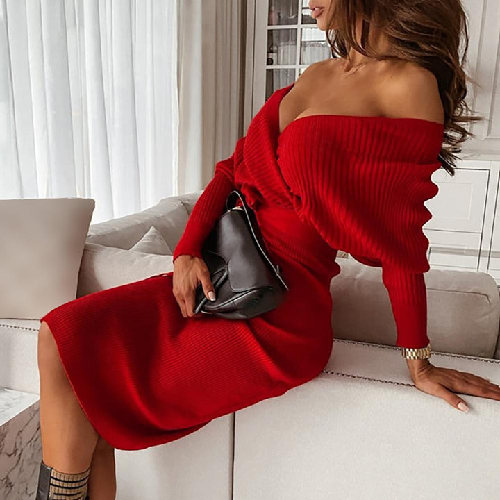 Slim Fit Knitted Dress & Lace Long Sleeves | Lace-up Sweater Skirt