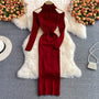 Schlanke Passform Elegantes Urbanes Langarm Strickkleid | Schulterfrei Knielang