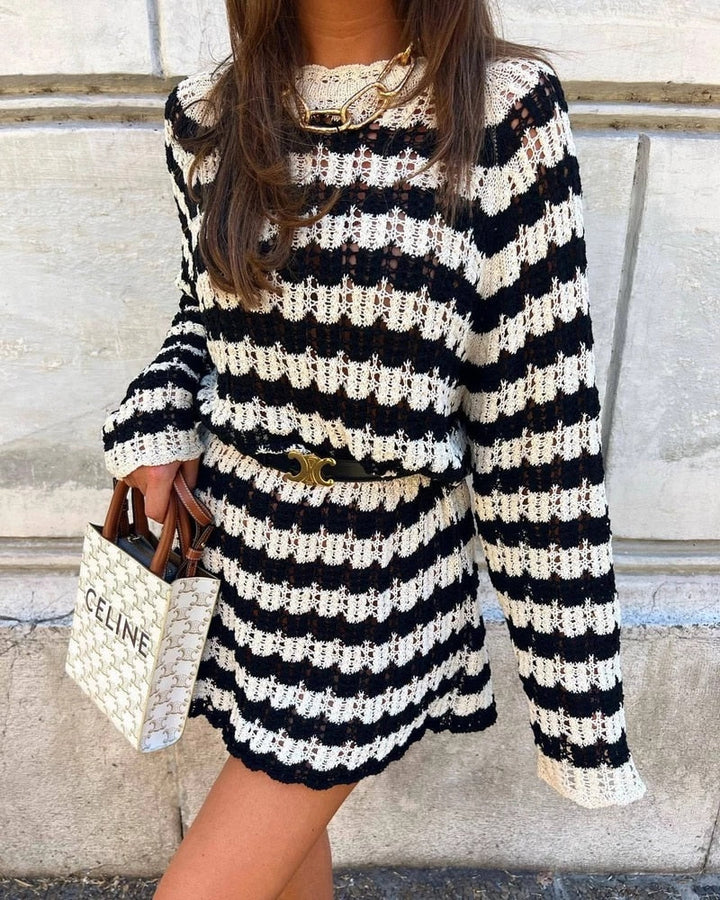 Schicker Gestreifter Jacquard Mesh Pullover | Langarm Pulloverkleid