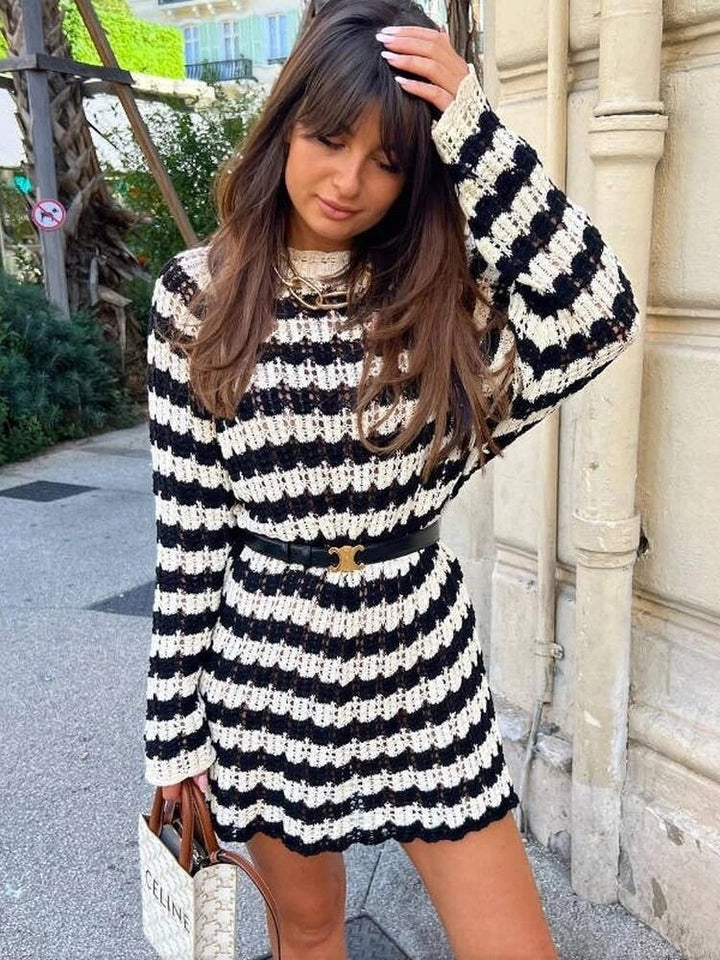 Schicker Gestreifter Jacquard Mesh Pullover | Langarm Pulloverkleid