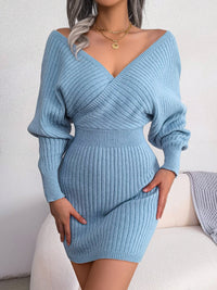 Hochwertiges Sommer Strickkleid | Langarm V-Ausschnitt Freizeitkleidung