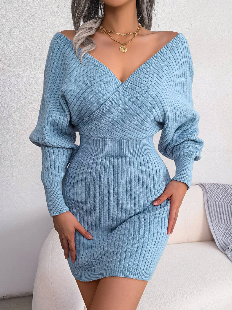 Hochwertiges Sommer Strickkleid | Langarm V-Ausschnitt Freizeitkleidung