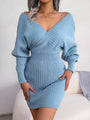 Hochwertiges Sommer Strickkleid | Langarm V-Ausschnitt Freizeitkleidung