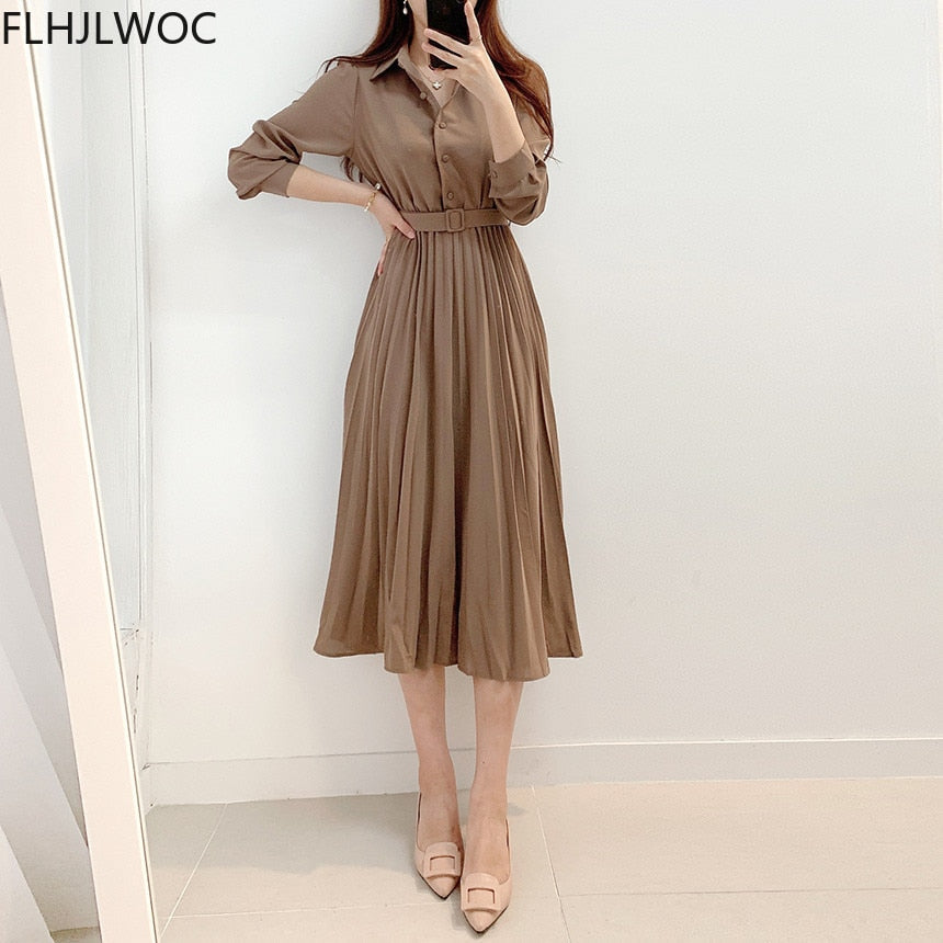 Elegant High Waist Pleated Maxi Dress | Long Sleeves With Belt