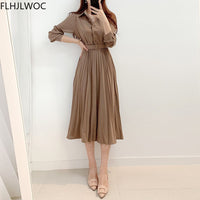 Elegant High Waist Pleated Maxi Dress | Long Sleeves With Belt