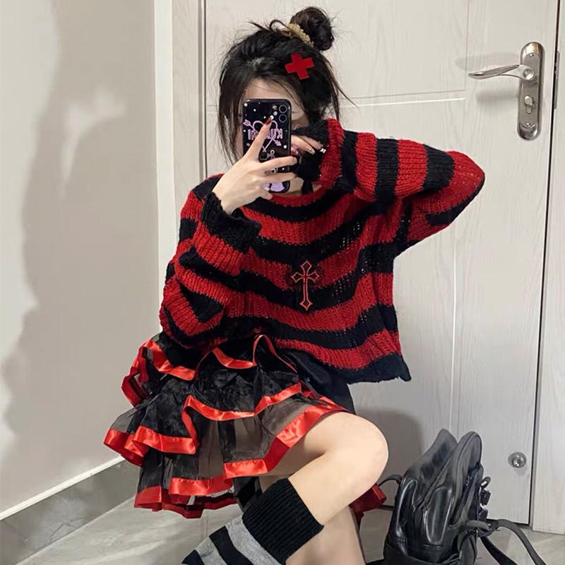 Karrram Pink Striped Gothic Sweaters