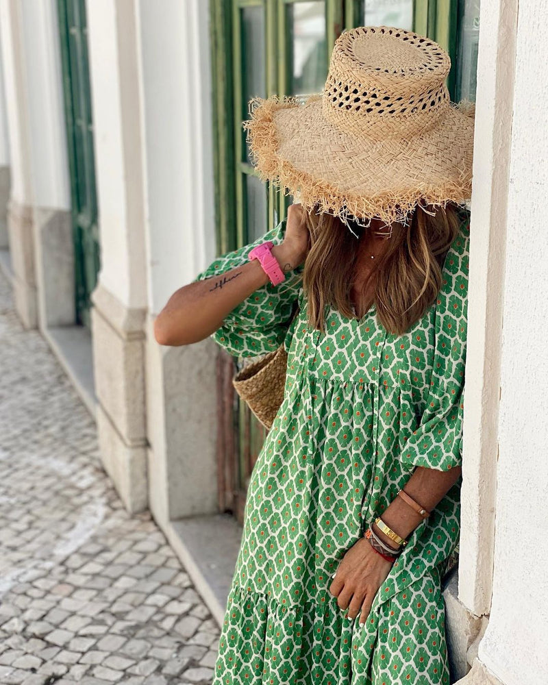 Boho Puffärmel V-Ausschnitt Langes Sommerkleid | Blumenmuster | Lässige Strandkleidung
